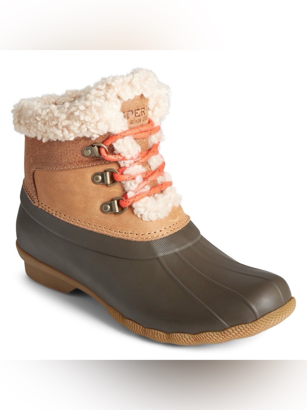Sperry Womens Saltwater Alpine Duck Boot Sz 7.5 Brown Tan Shell Coral Laces